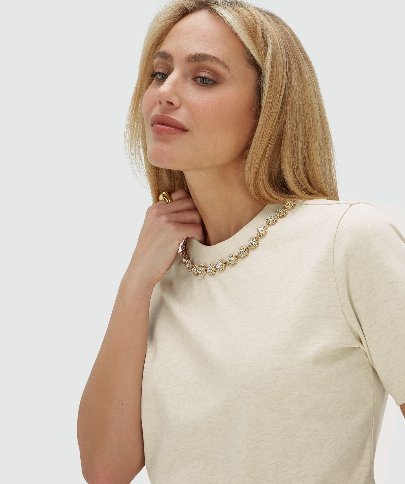 ROSINA regular fit T-shirt met strass - ecru melange