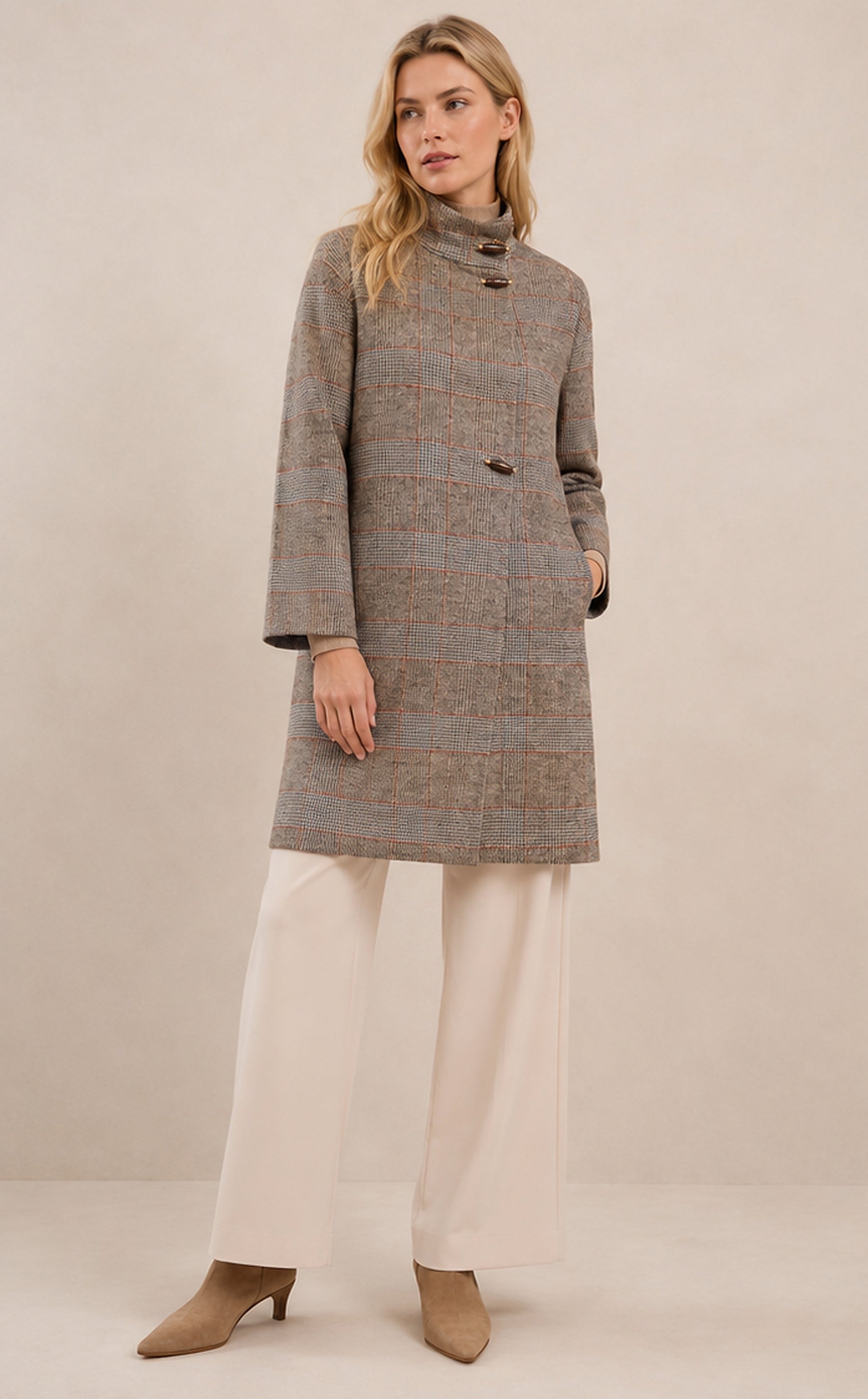 Double Wool Blend Check Coat Camel – Elena Mirò