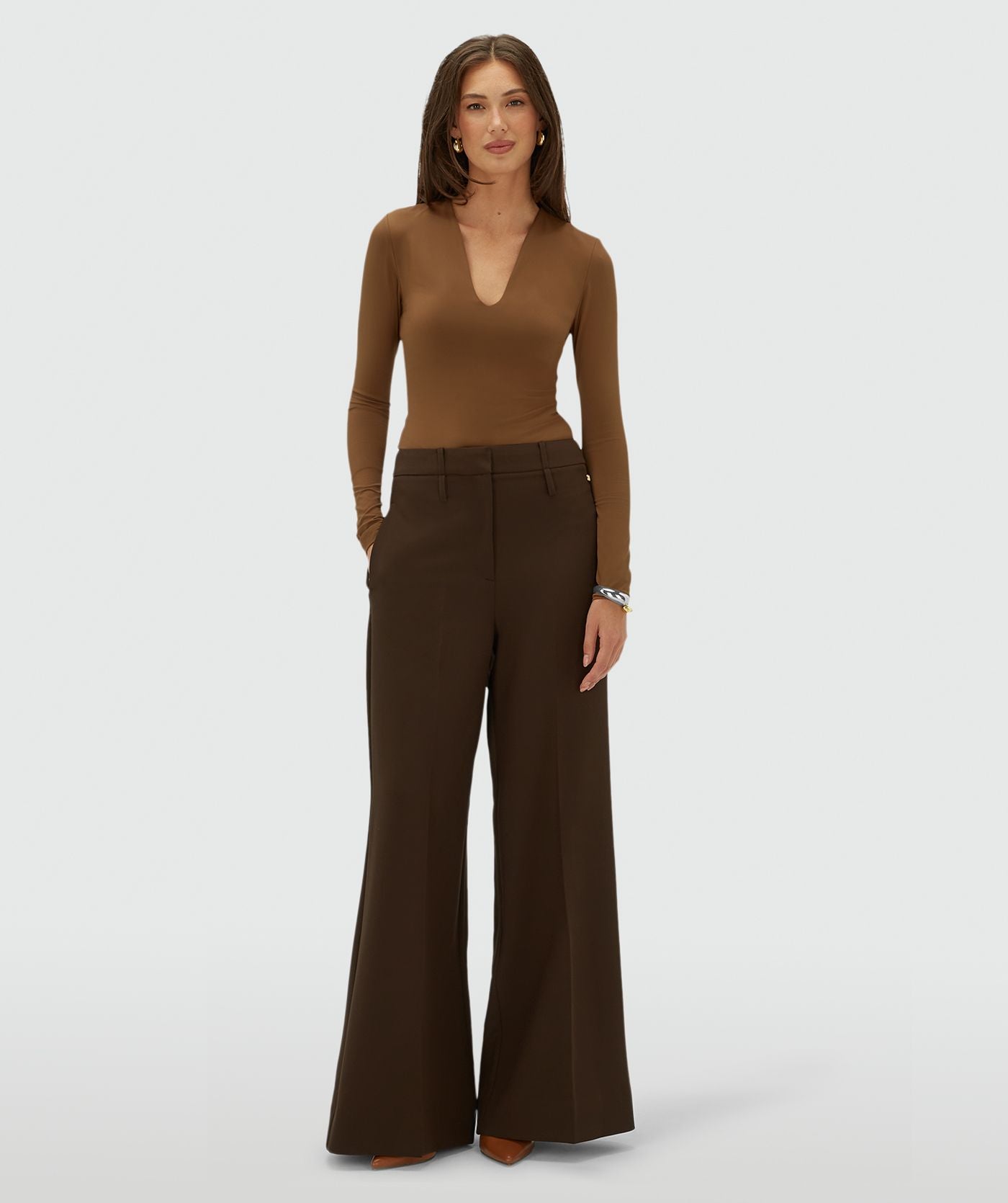 Sky High Rise Wide Leg Pantalon - Brown