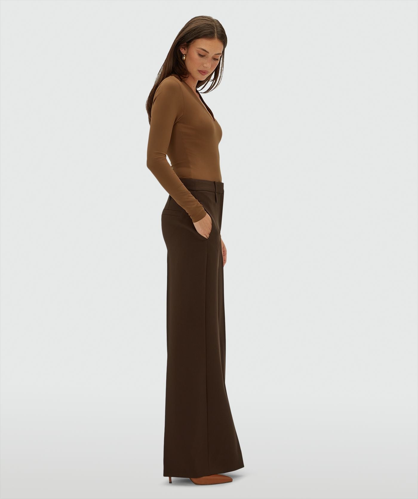 Sky High Rise Wide Leg Pantalon - Brown