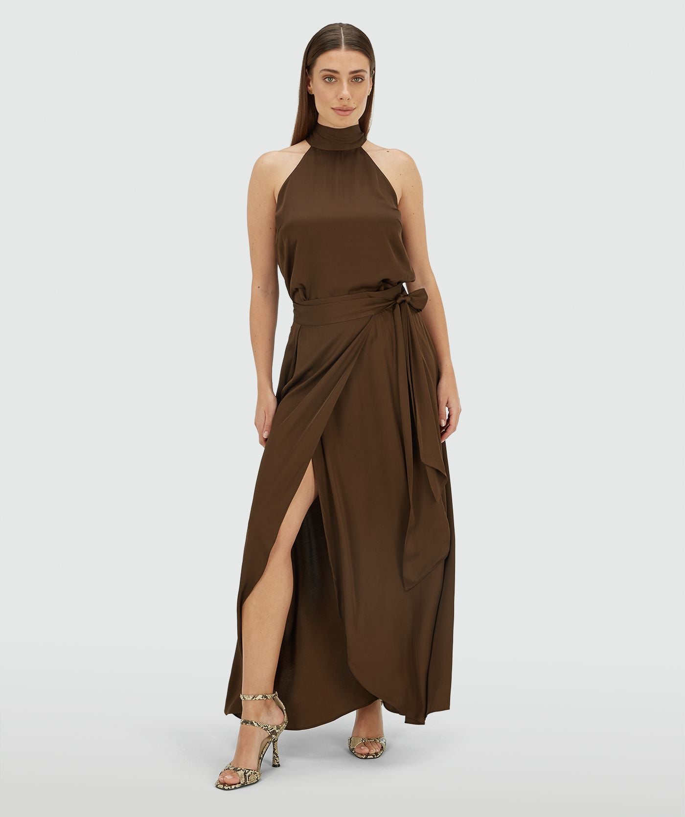 Yamicia overslag maxi rok in satijn look - bruin