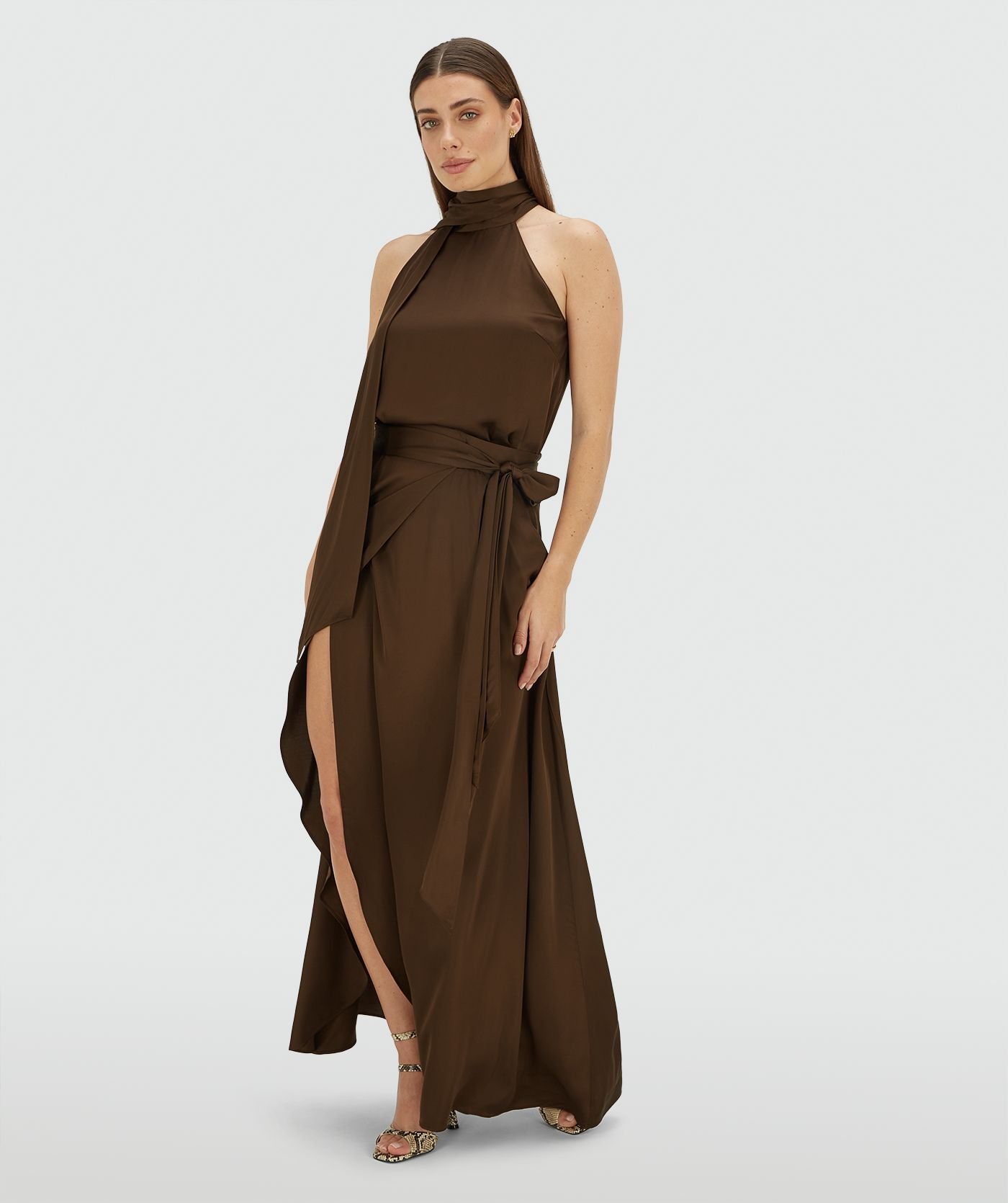 Yamicia overslag maxi rok in satijn look - bruin